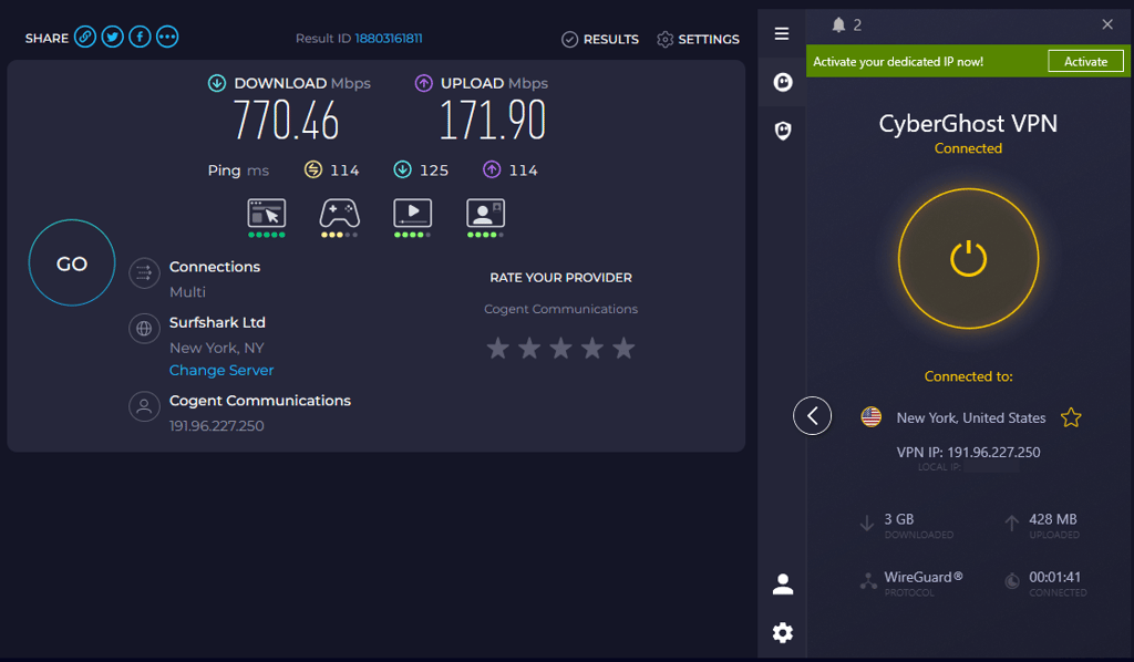 CyberGhost speed test for the US server