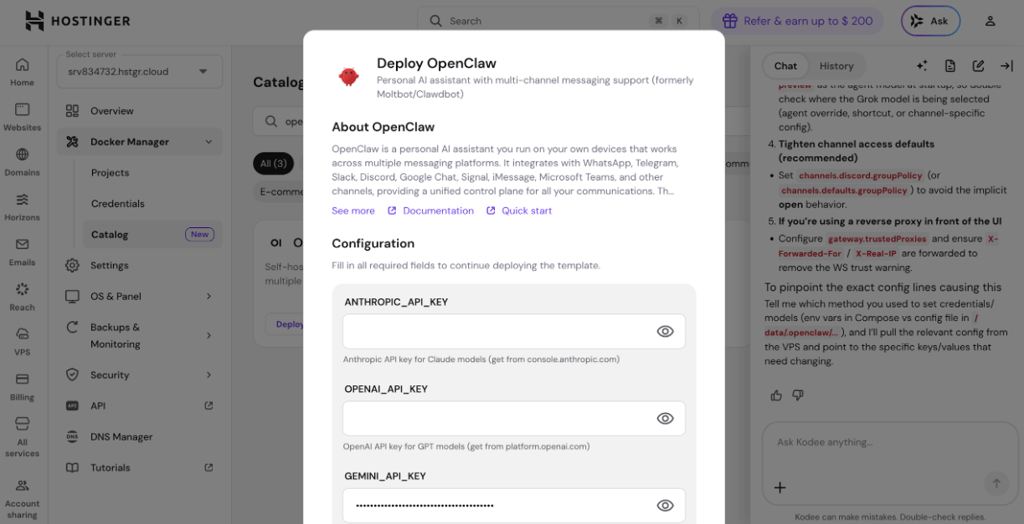 Deploying OpenClaw from Hostinger