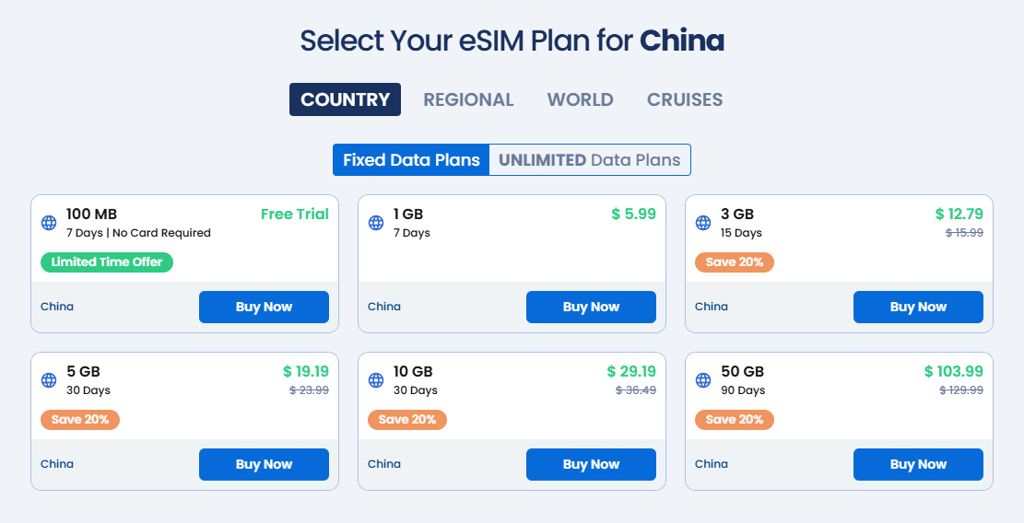 GigSky’s fixed data plans for China February 2026