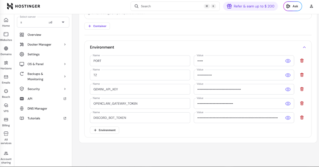 Hostinger Docker container manager