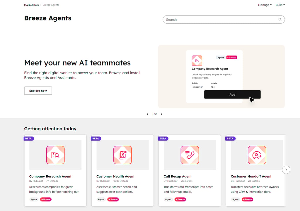 HubSpot Breeze agents AI page