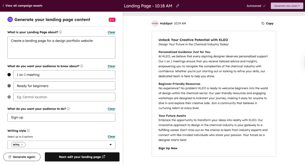 Generating a landing page with HubSpot Camplaign Assistant