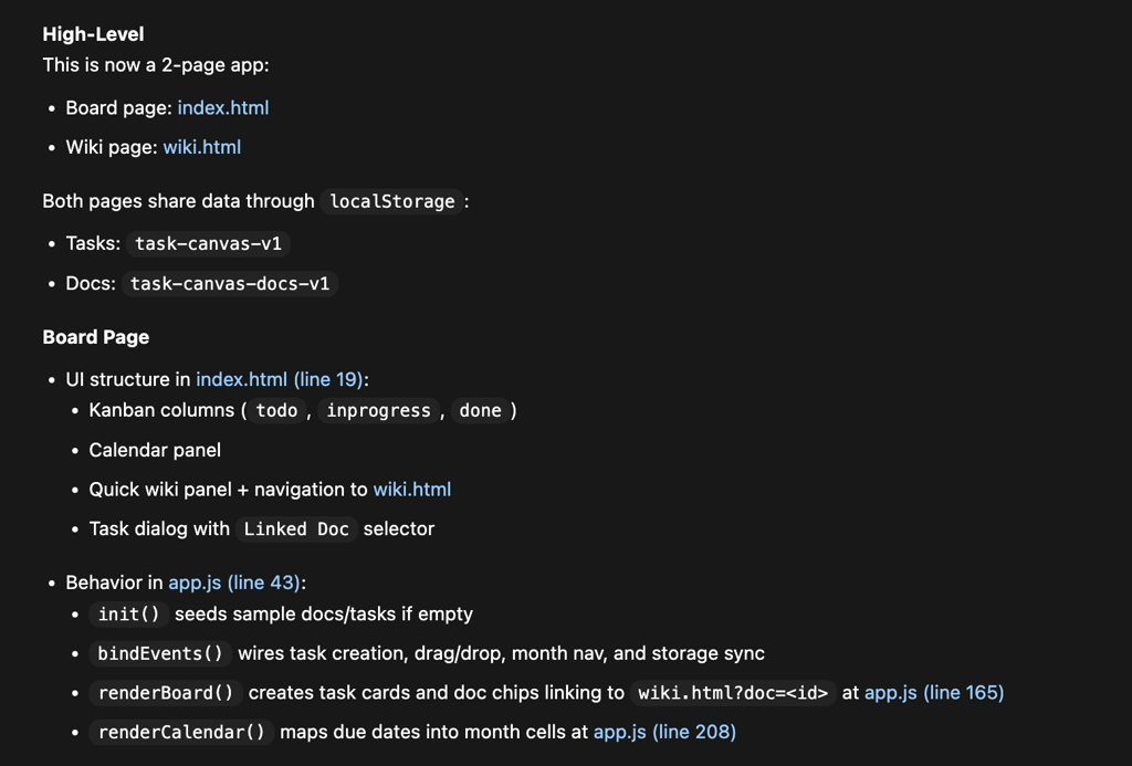 OpenAI Codex breaking down the code it wrote