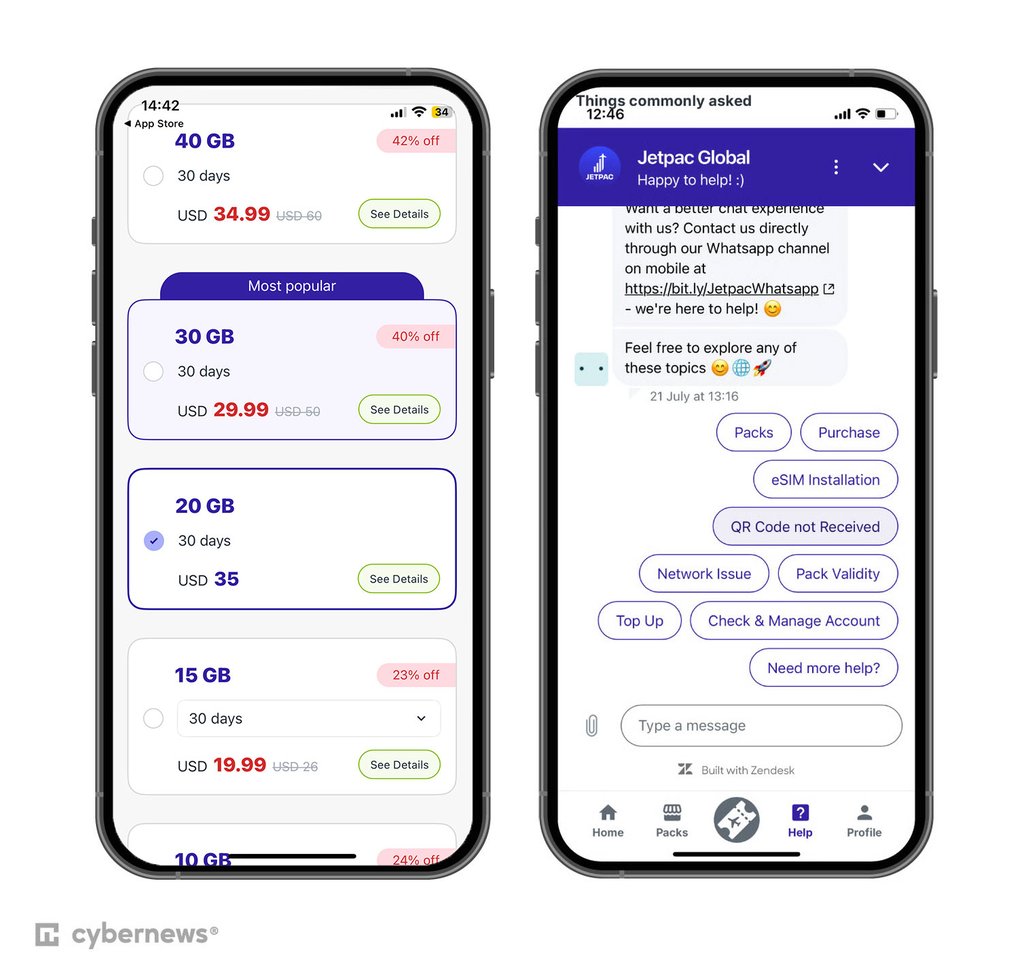 Jetpac's US data plans and customer support tab 2