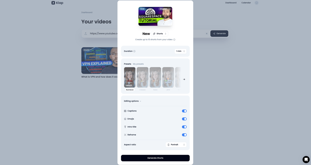 Klap AI clip generation preferences