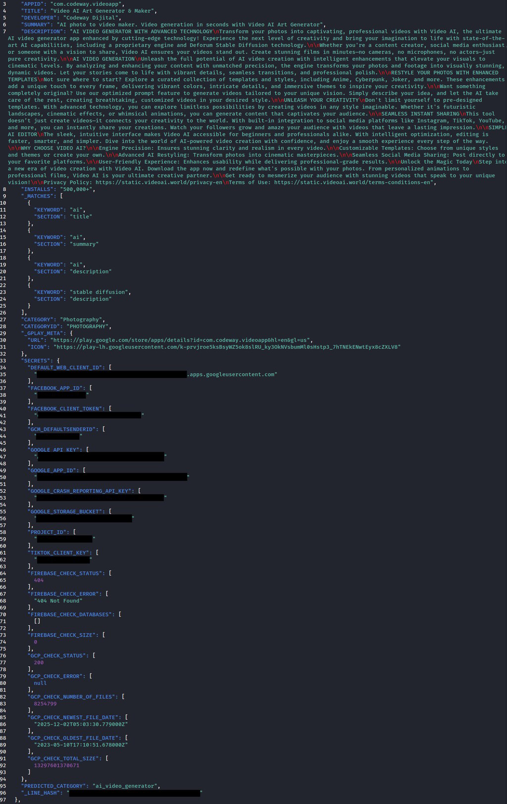 App metadata, including detected hardcoded secrets
