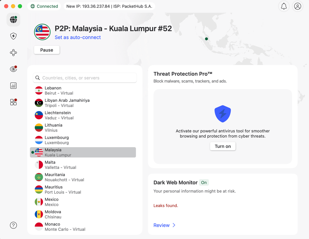 nordvpn connected malaysia server