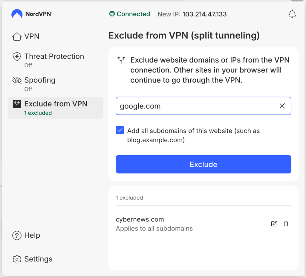 NordVPN Split Tunneling feature February 2026