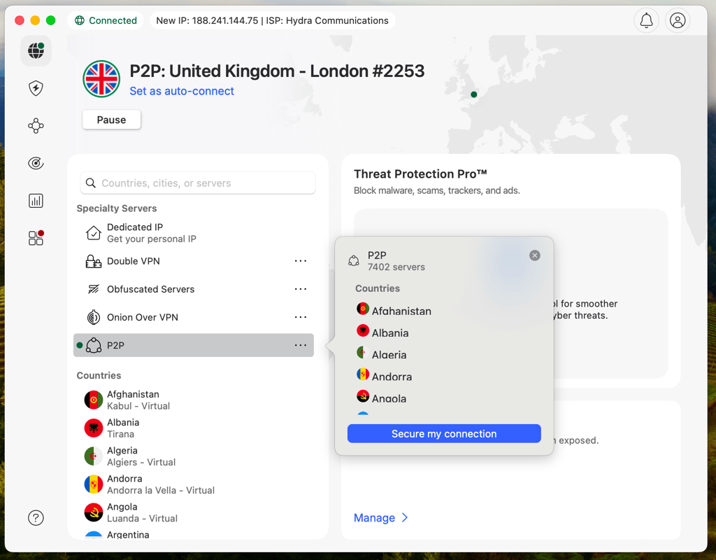 Specialty P2P servers in NordVPN