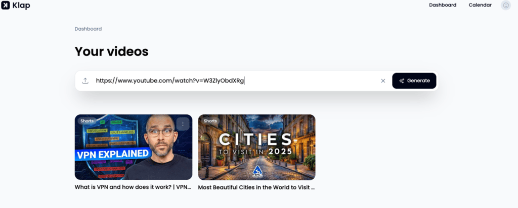 Pasting YouTube URL to Klap AI