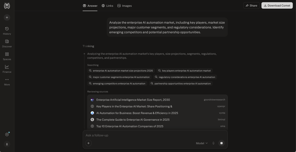 Perplexity UI, with the user prompting for market research