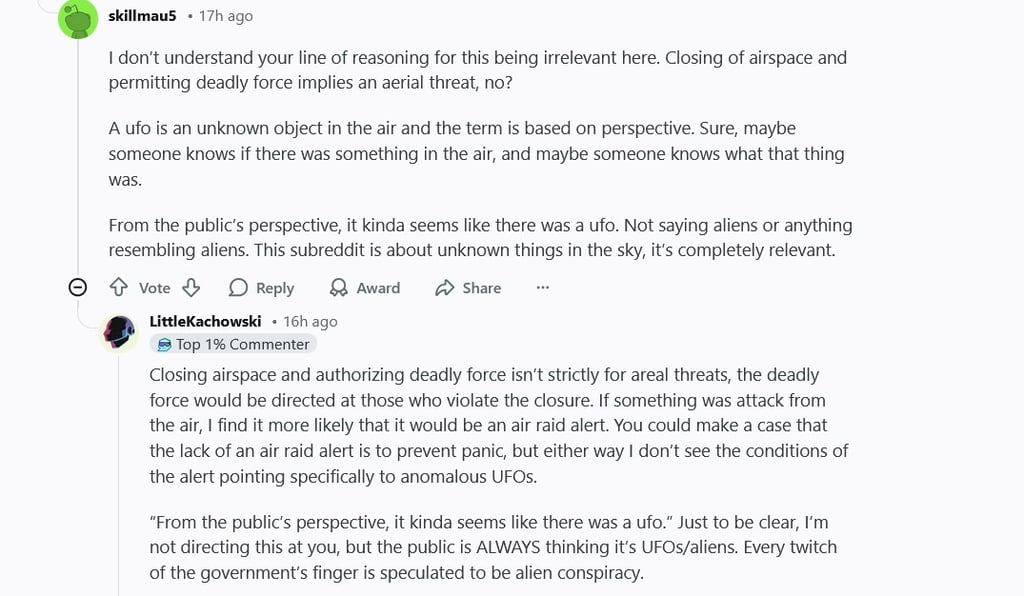A Reddit UFO screenshot.