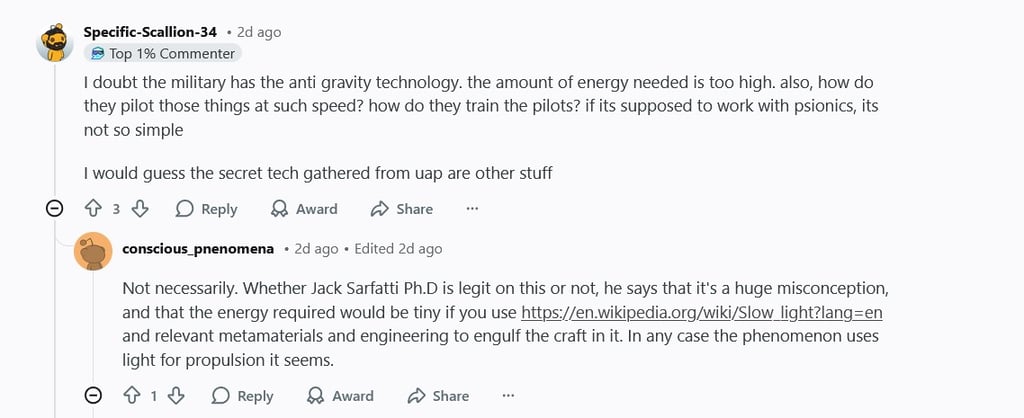 Reddit conversation about the physics of light speed and UFOs.