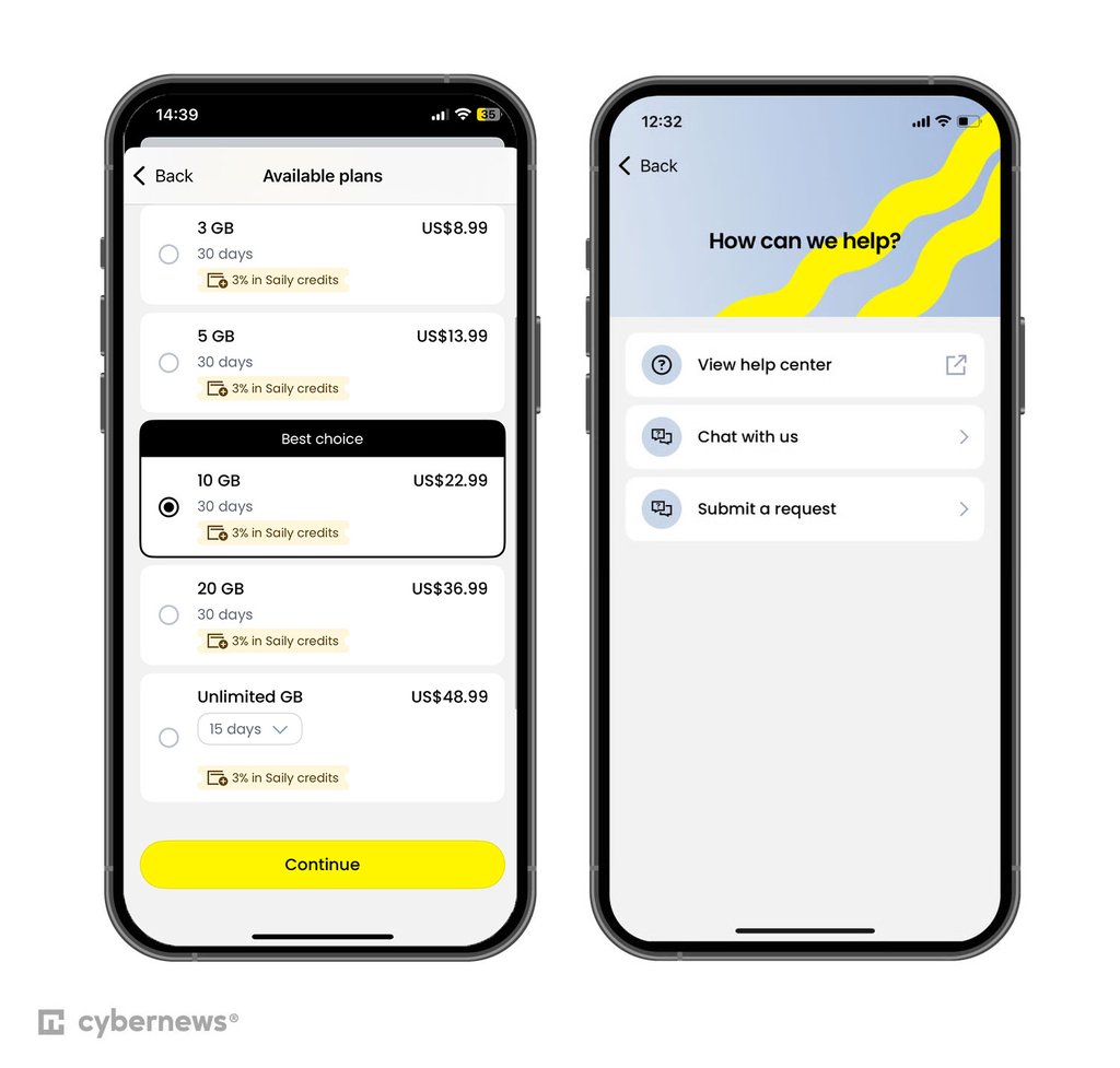 Saily's available US plans and customer support dashboard 2