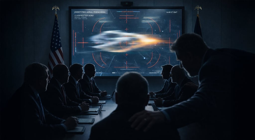 Silhouettes of politicians around a table looking at a blurry UFO on a screen.