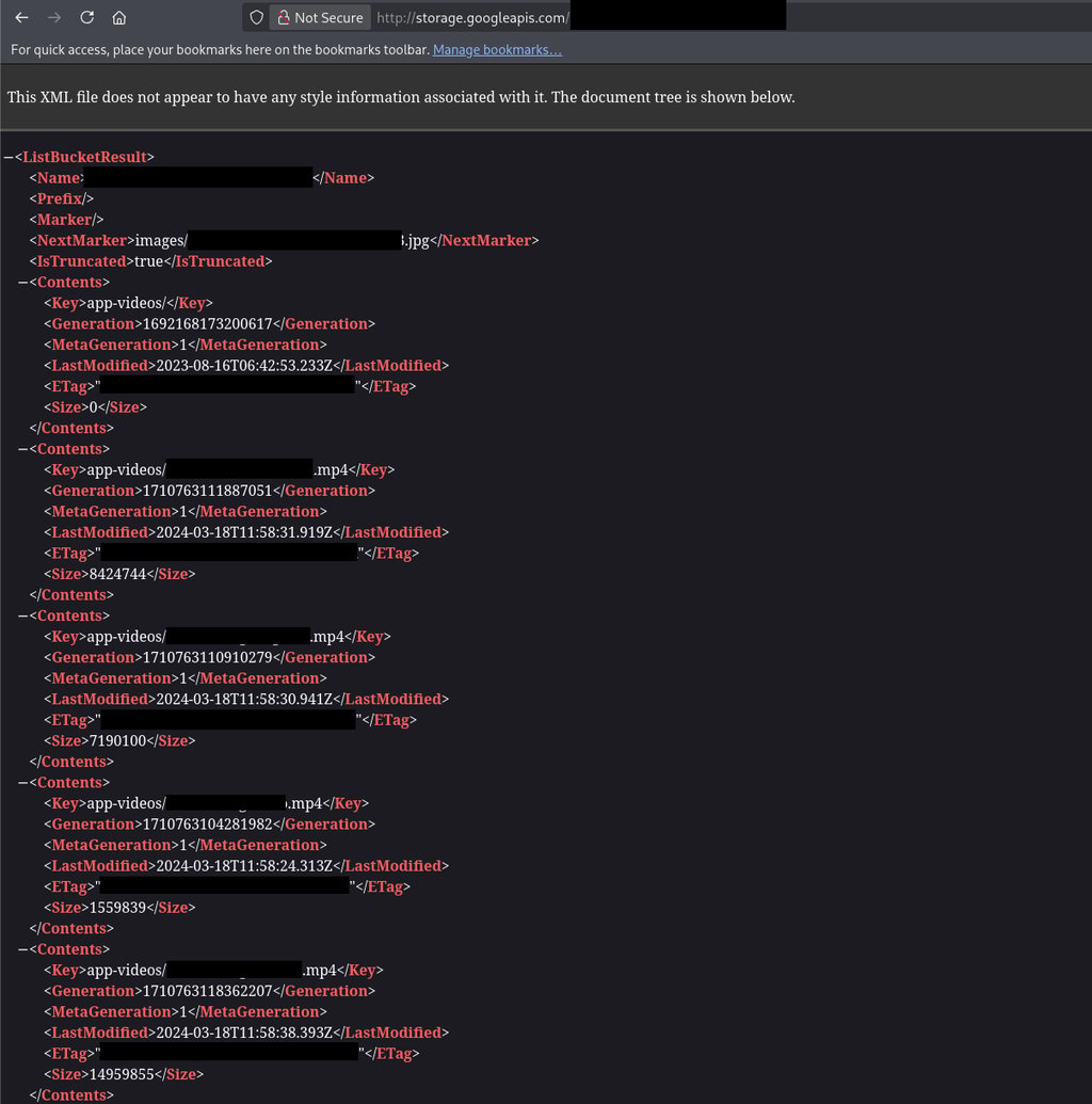 Google Cloud Storage Bucket listing showing files stored on the bucket
