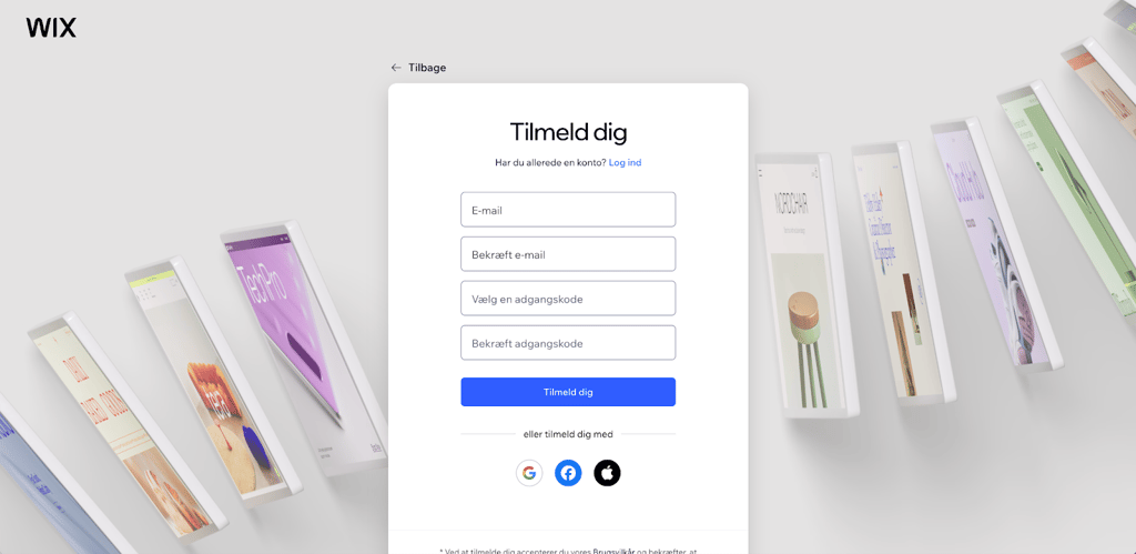 Tilmelding til Wix, hvor jeg indtaster e-mailadresse for at komme i gang med at oprette en hjemmeside