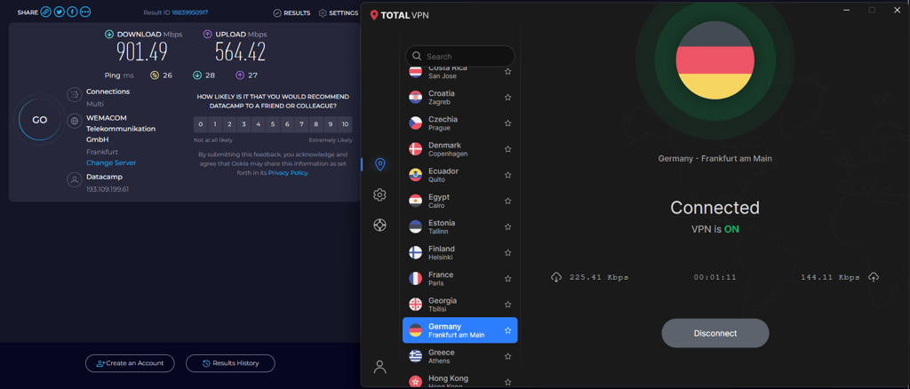 TotalVPN speed test with German server