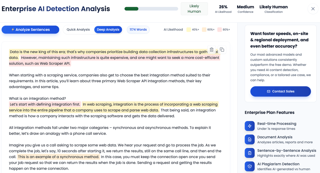 TruthScan analyzing a 100% human-written text