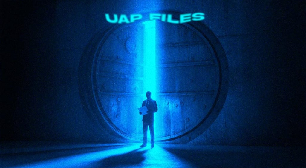 The silhouette of a gatekeeper holding a UAP file with neon green lights.