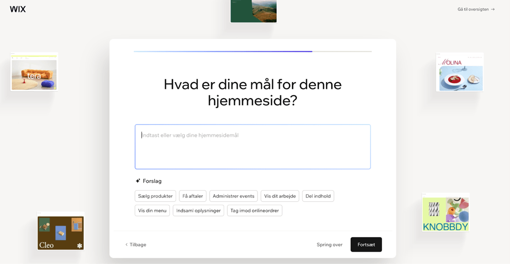 Valg af formål for hjemmesiden i Wix, f.eks. blog, webshop eller virksomhedshjemmeside