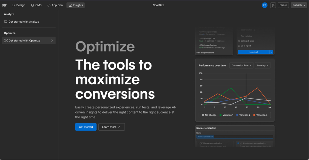 Webflow interface with optimization section