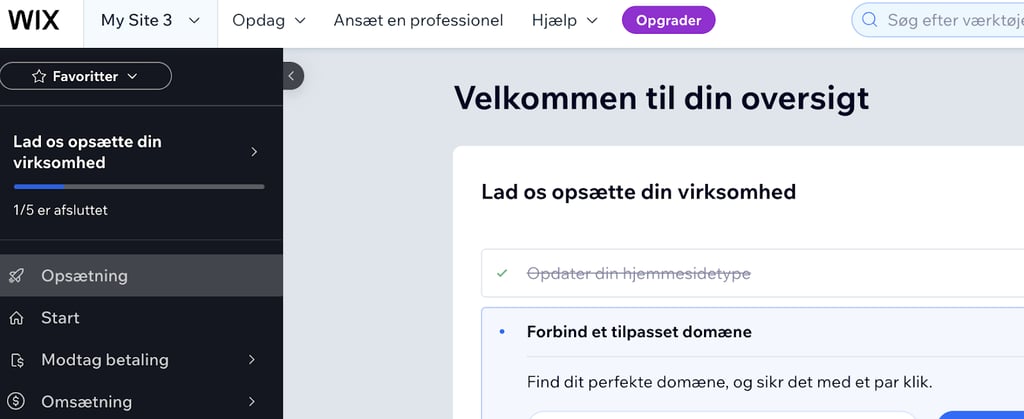 Wix-dashboard med Opgrader-knappen, hvor jeg kan opgradere til et premium-abonnement