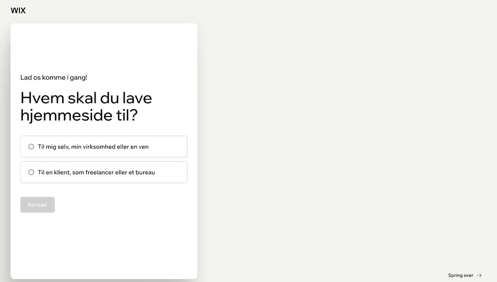 Wix onboarding-skærm, hvor jeg følger opsætningsprocessen for at oprette en ny hjemmeside