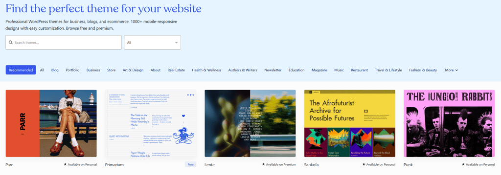 WordPress.com themes selection