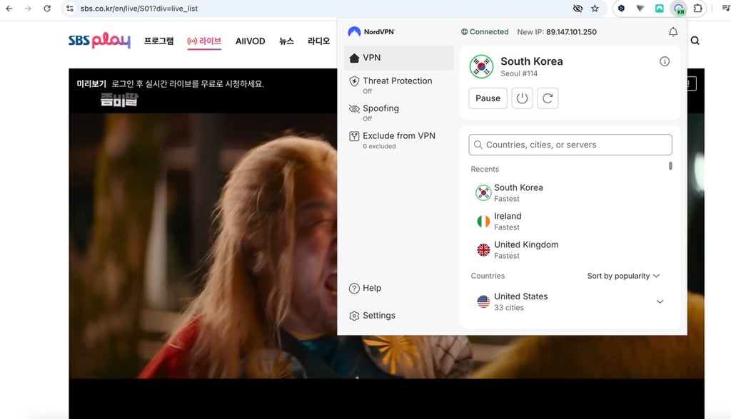 SBS Play (Korean TV) unblocked with NordVPN