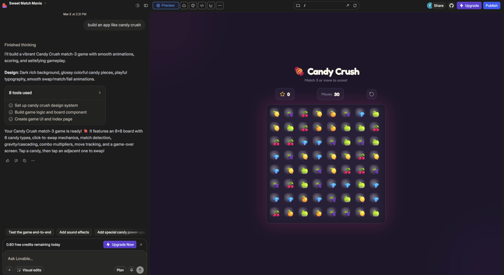 Candy Crush style game with Lovable