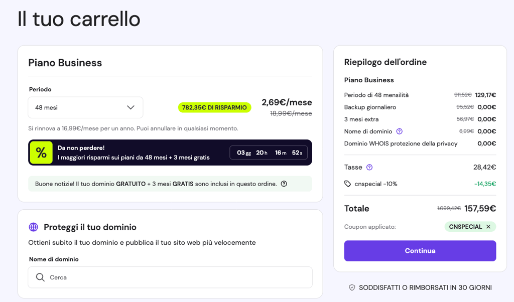 Controlla il riepilogo nel carrello (Hostinger)