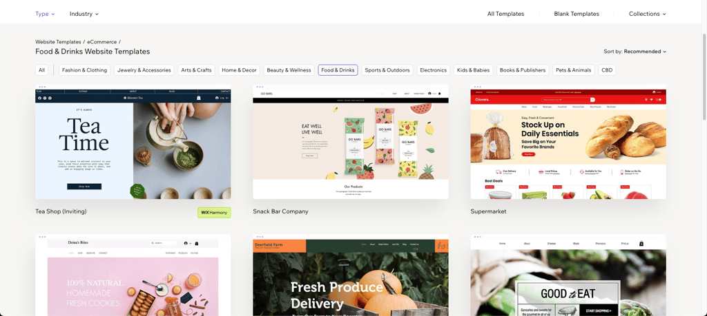 Diverse Food and drinks eCommerce templates from Wix