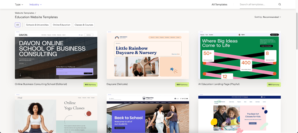 Education and learning website templates available on Wix