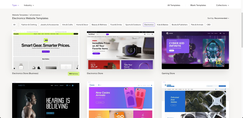 Electronic store website templates available on Wix templates page