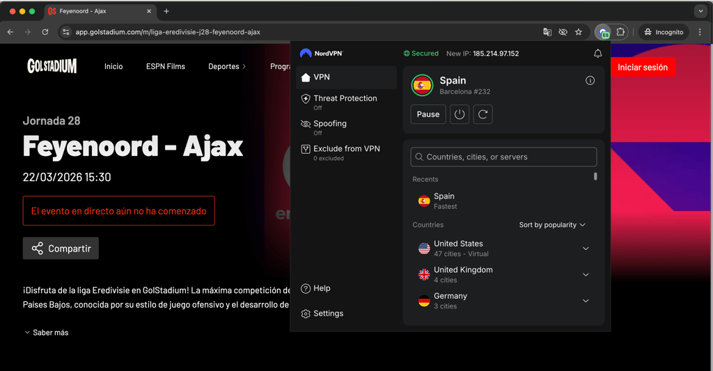 Eredivisie live en gratis met VPN