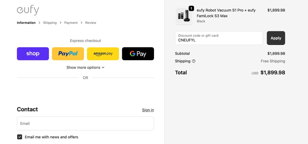 Eufy enter the coupon code CNEUFYL