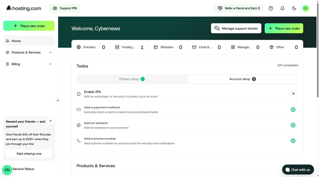 Hosting com control panel interface