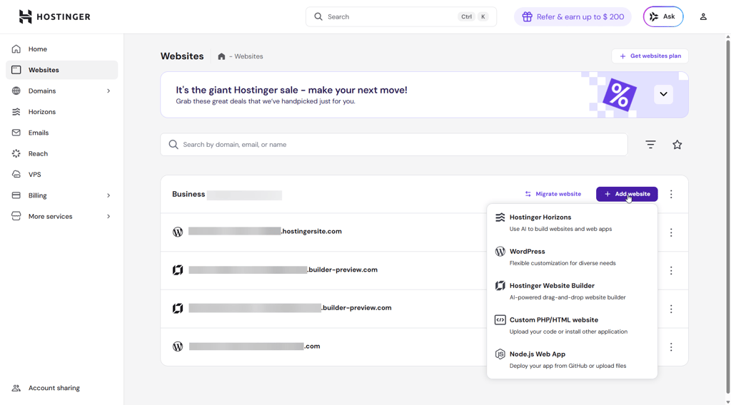 Hostinger control panel interface websites