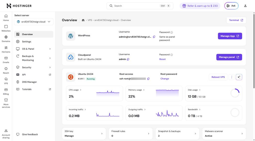 Hostinger vps dashboard