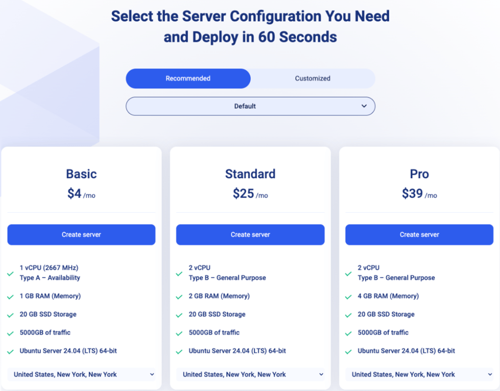 KVM VPS pricing page showing recommended starting plans