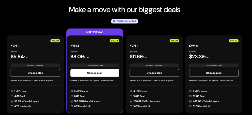 KVM VPS pricing page with plan tiers and included features