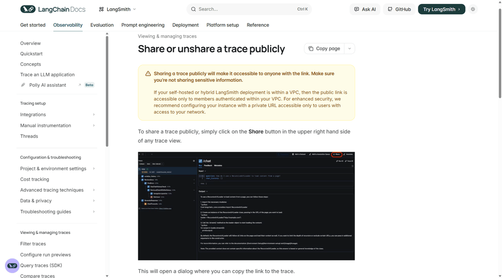 LangSmiths feature for sharing or unsharing a trace