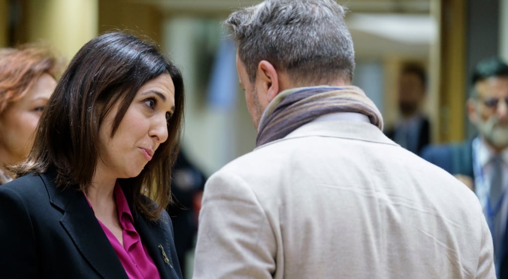 Marilena Raouna, dark loose hair, black jacket, dark pink shirt, talking to man in grey coat