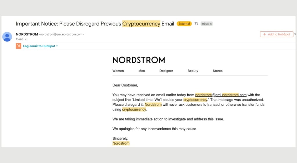 Nordstrom customer alert email