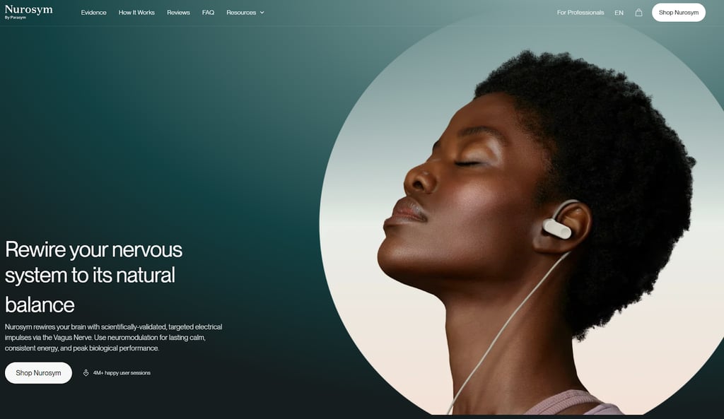 Nurosym's homepage showcasing the device's ear-based design