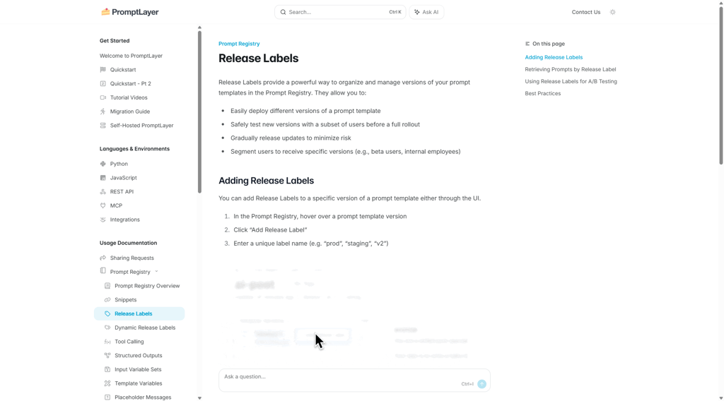 PromptLayer Release Labes page