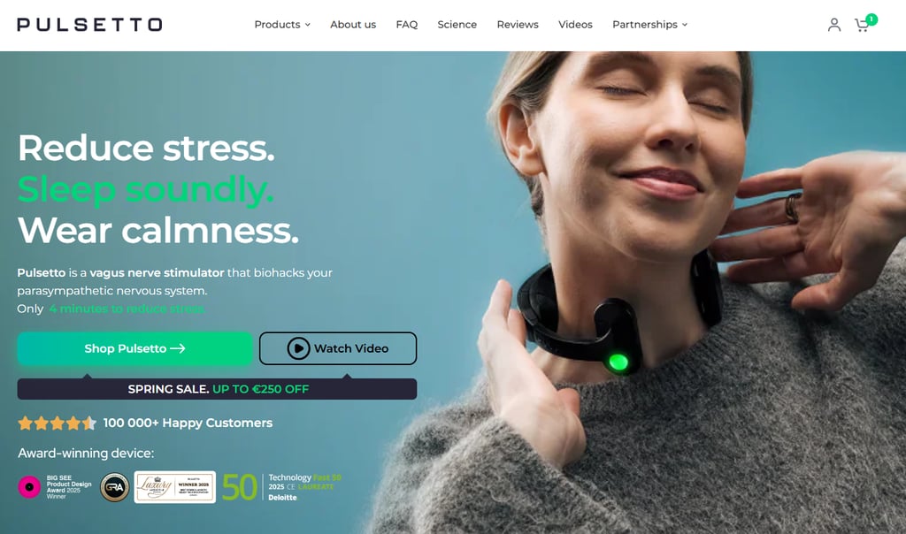 Pulsetto's homepage showing its neck-worn VNS device in use