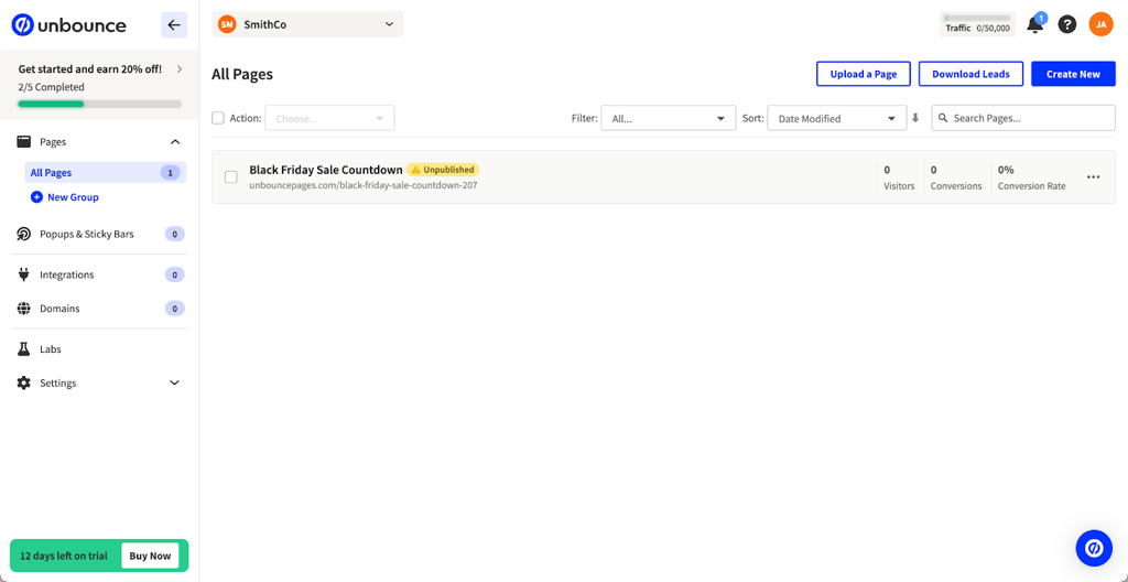 Unbounce dashboard