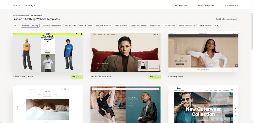 Various fashion and clothing store templates available on Wix templates page